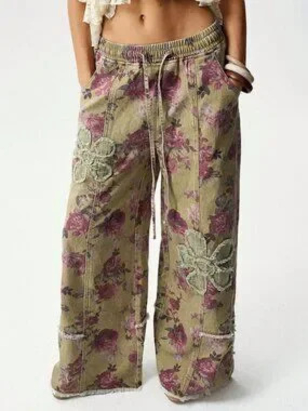 Boho Women's Casual floral with distress floral Jacquard Country wide-Leg Pants